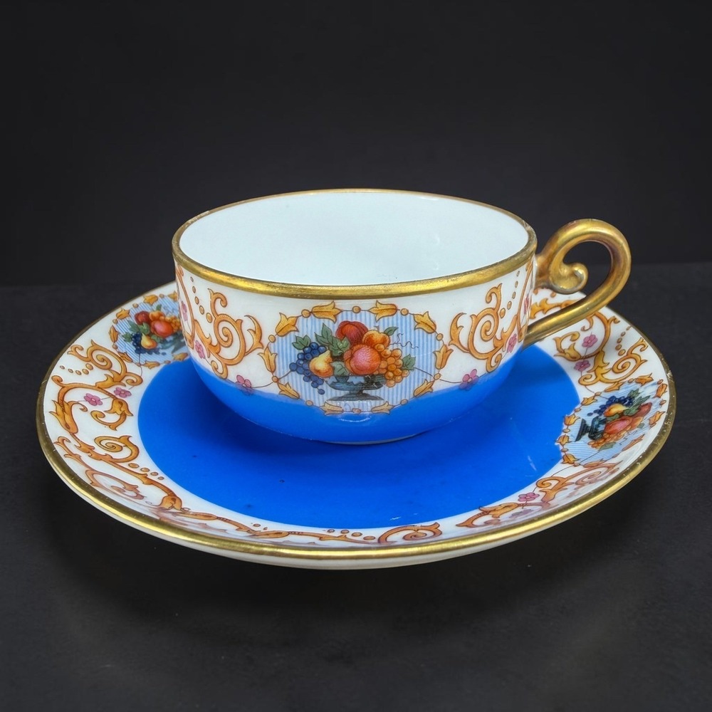 Antique SPM Germany Porcelain Tea Cup Saucer Set Cobalt Blue Gold Fruit Gilt VTG